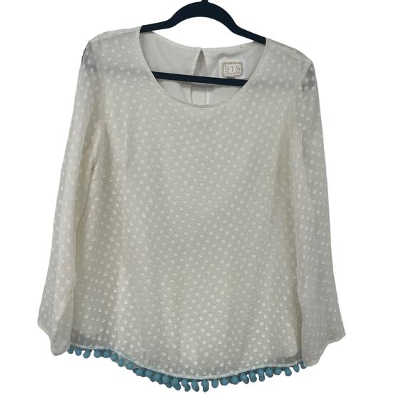 Sail to Sable Silk Blend Long Sleeve Chenille Dot Pom Pom Trim Blouse Large - Picture 1 of 6